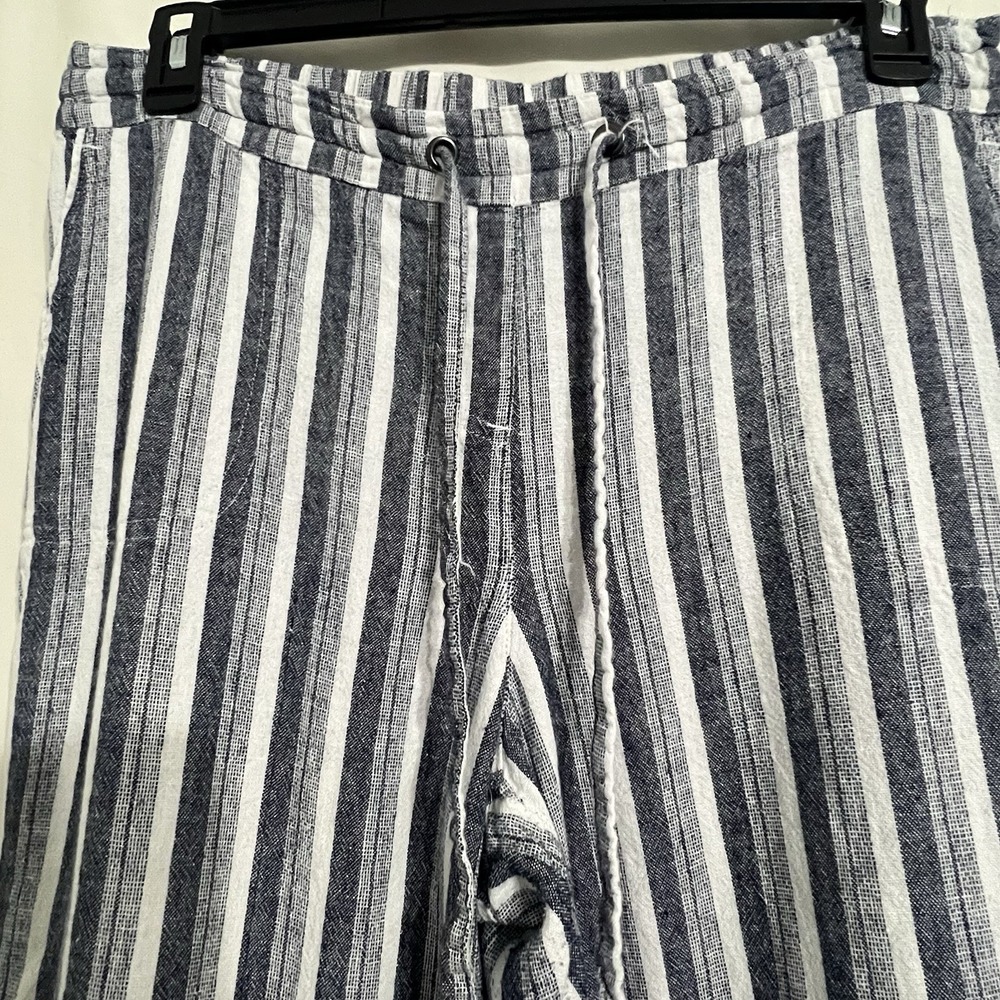 Linen Blend Per Se Striped Relaxed Pants Woman's Blue White Size L Elastic Waist